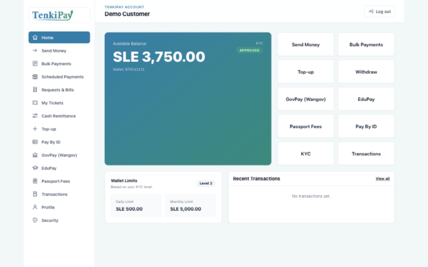 TenkiPay customer account with balance, payment services, and transaction access